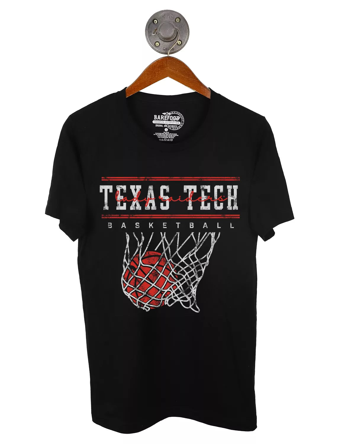 Black Texas Tech University unisex short-sleeve t-shirt with a graphic of a basketball going through a net. It also features "Texas Tech" and "basketball" distressed white lettering with red accents.