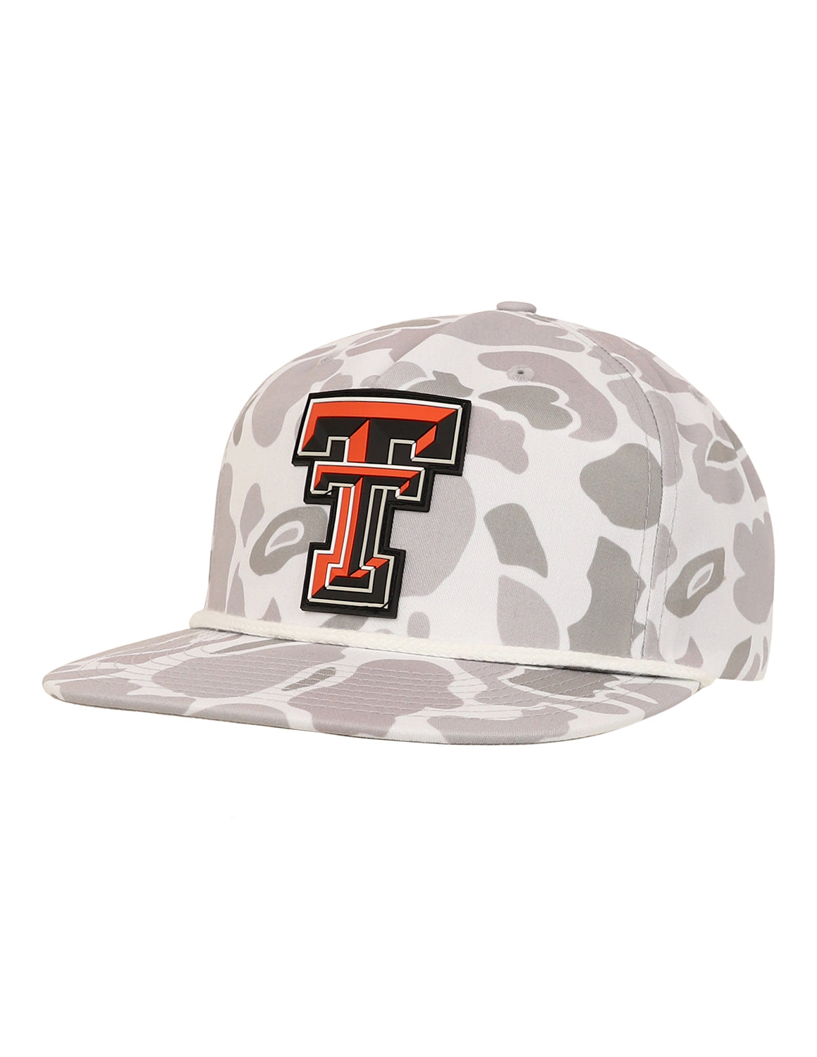 Blizzard duck camo Texas Tech University hat rope hat that features a white brim rope detail with a Texas Tech logo on the front.