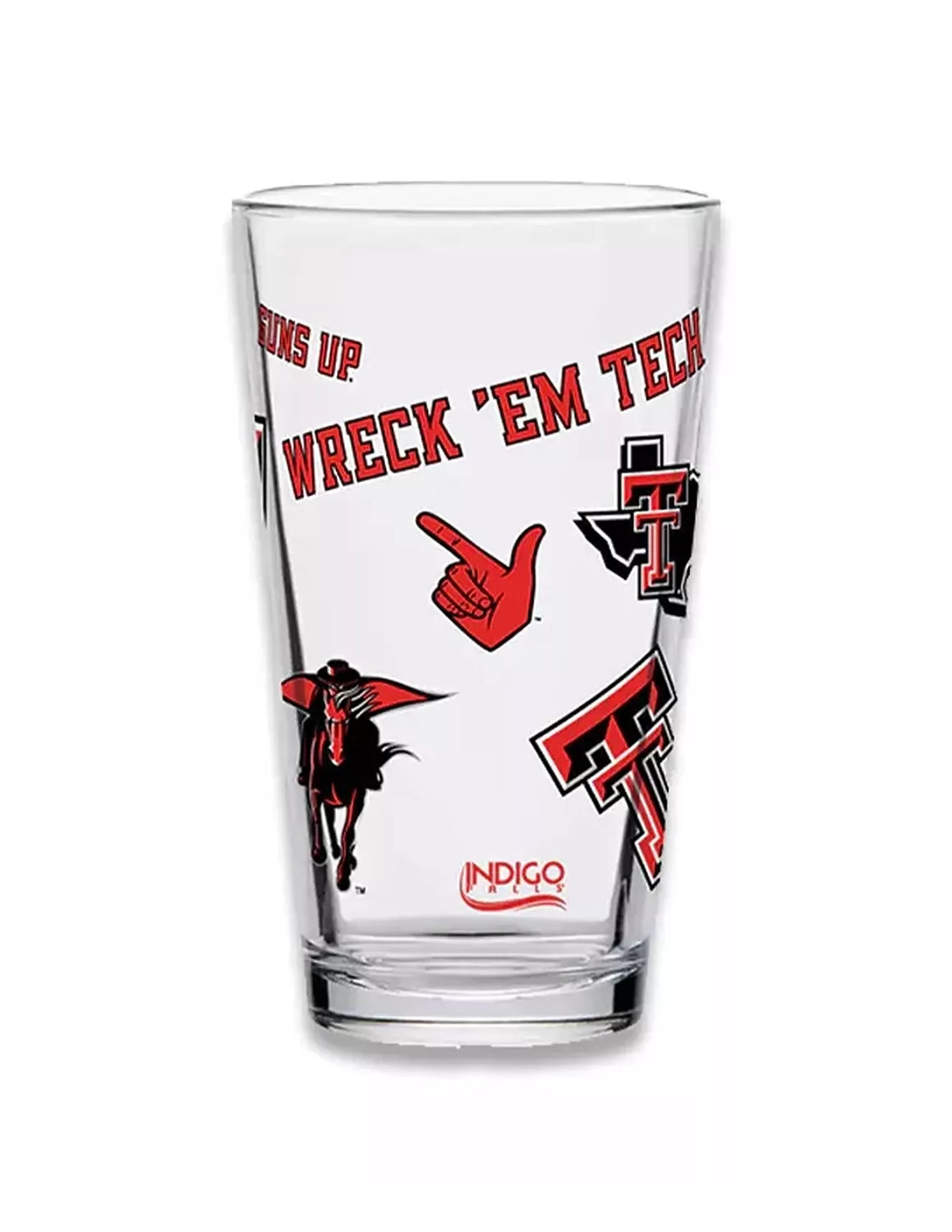 Clear Texas Tech University pint glass with a bold team red and black graphic.