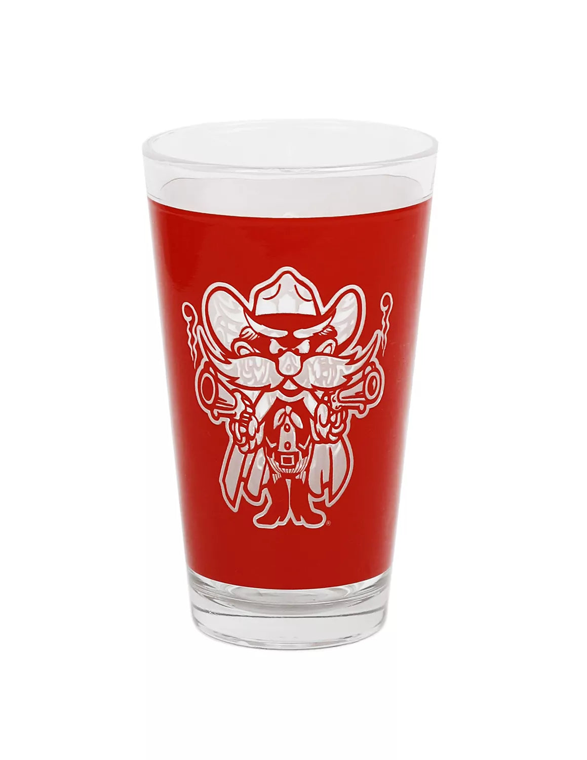 Clear Texas Tech university pint glass that features a Guns Up logo red graphic.