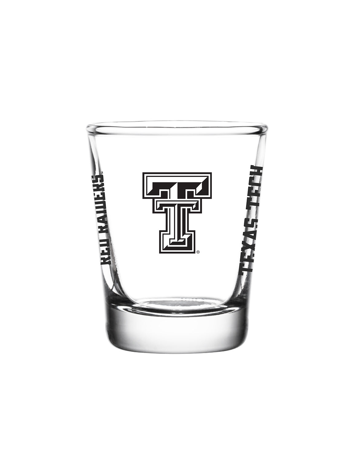 Clear Texas Tech University shot glass that features a Texas Tech logo and black lettering.