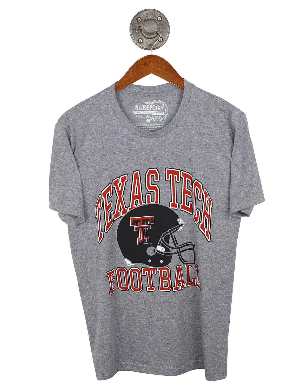 Heather grey Texas Tech University unisex t-shirt features a football helmet graphic with a double T logo and black, red, and white lettering.
