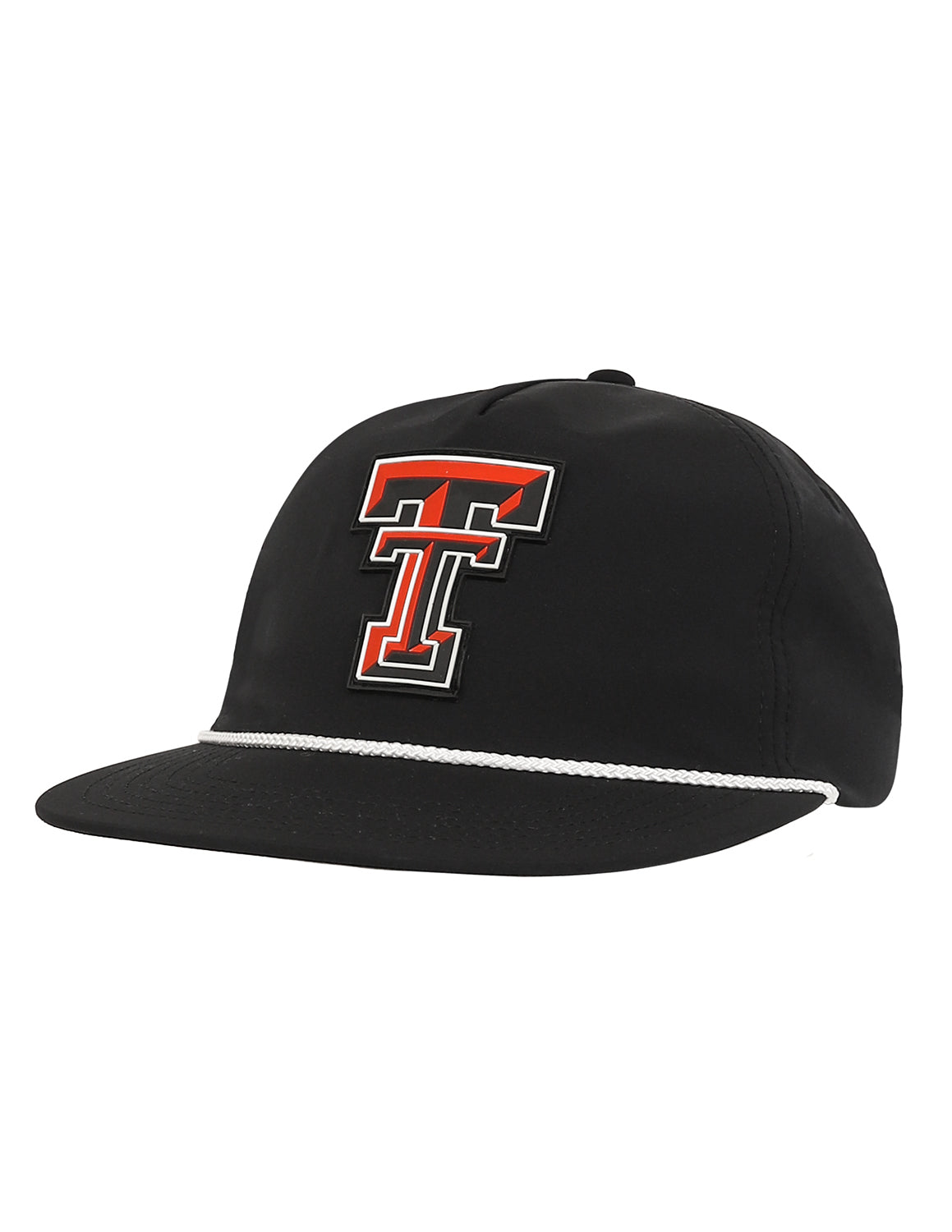 Black Texas Tech University rope hat that features a white brim rope detail with a large Texas Tech logo on the front.