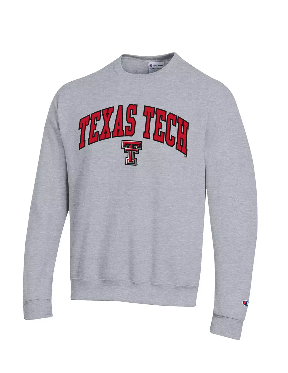 Heather grey Texas Tech University unisex Champion crewneck sweatshirt that features Texas Tech text and a TTU logo below.
