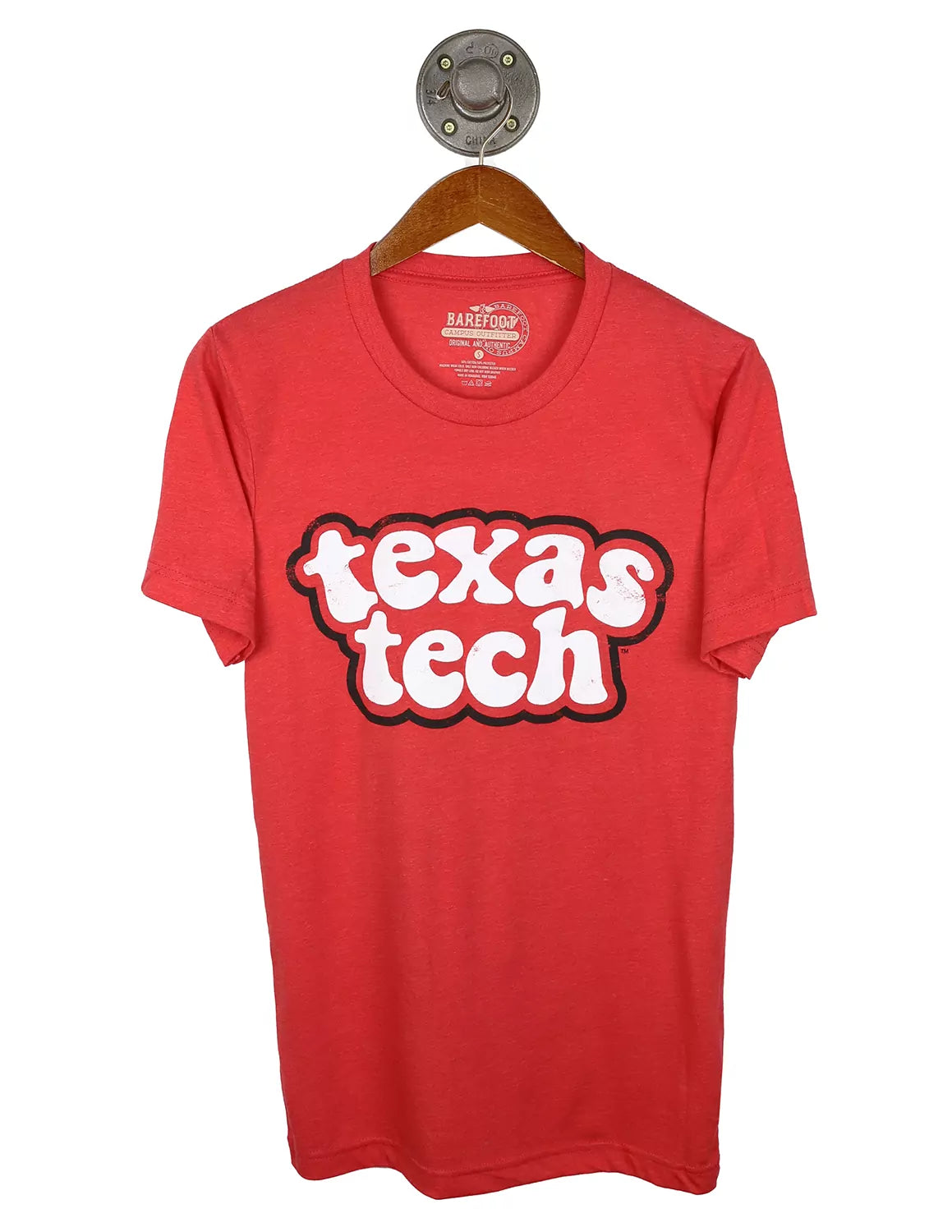 Heather red Texas Tech University unisex t-shirt with black and white lettering on the front.