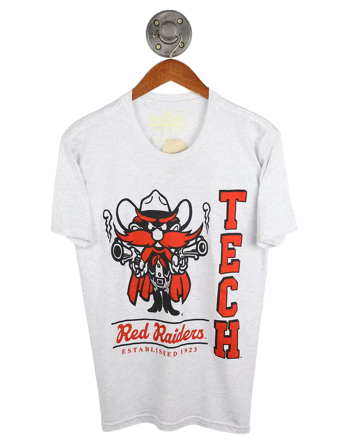 Heather white Texas Tech University unisex t-shirt with a TTU logo and red and black lettering on the front.