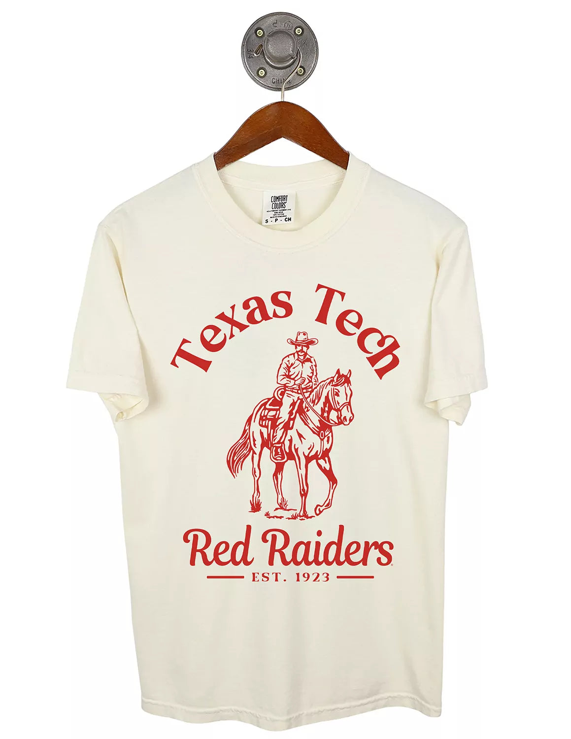 Ivory unisex Texas Tech University t-shirt featuring a cowboy on a horse with red lettering.