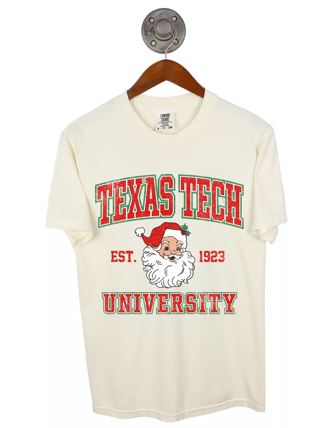 Ivory unisex Texas Tech University t-shirt featuring a Santa Claus graphic and red and green lettering.