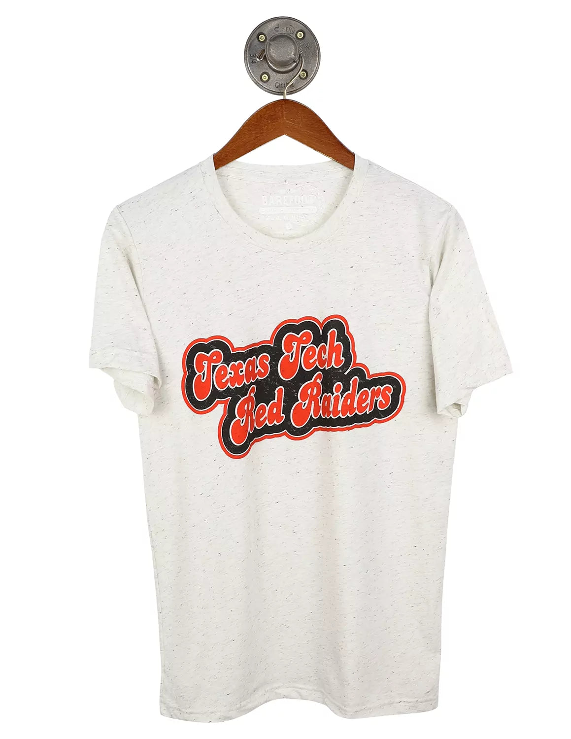Oatmeal Texas Tech University unisex t-shirt with red and black lettering on the front.
