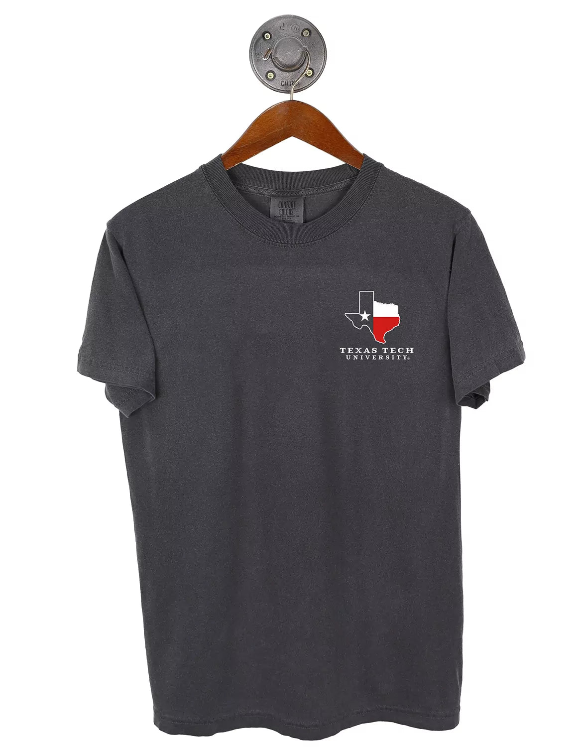 Pepper unisex Texas tech University Comfort Colors t-shirt featuring a left chest design with a Texas State outline.