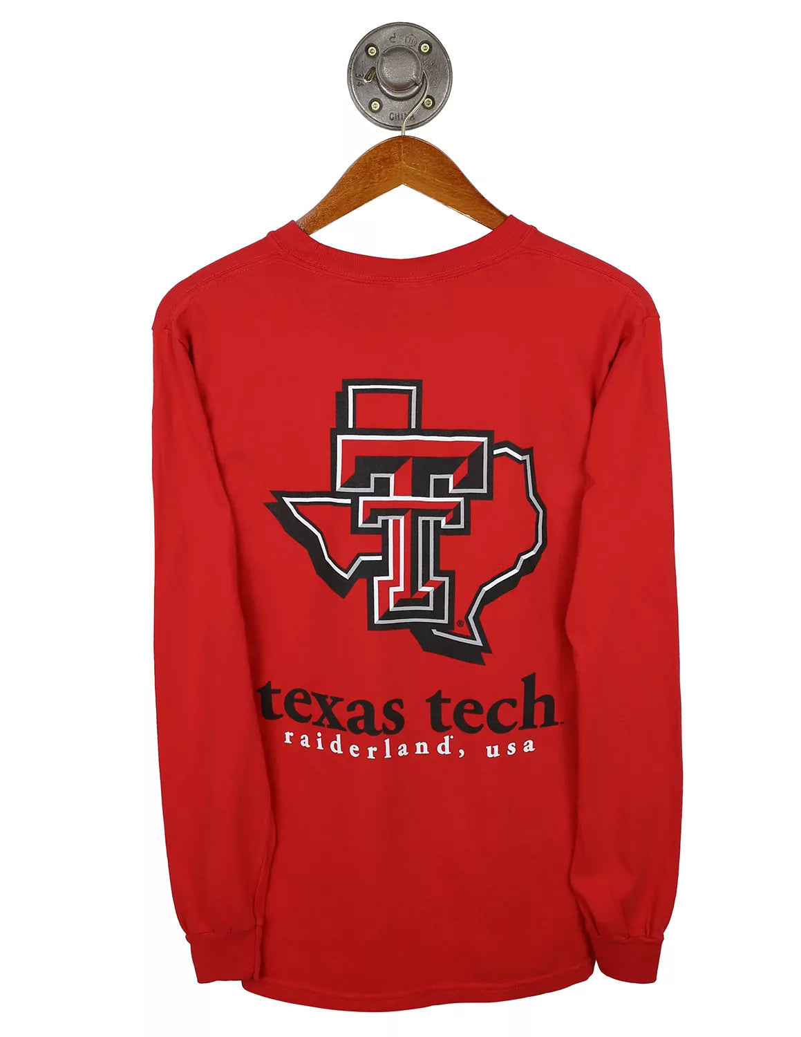 Red Texas Tech University Comfort Colors unisex long-sleeve shirt featuring a large TTU double T Texas logo with white and black lettering.