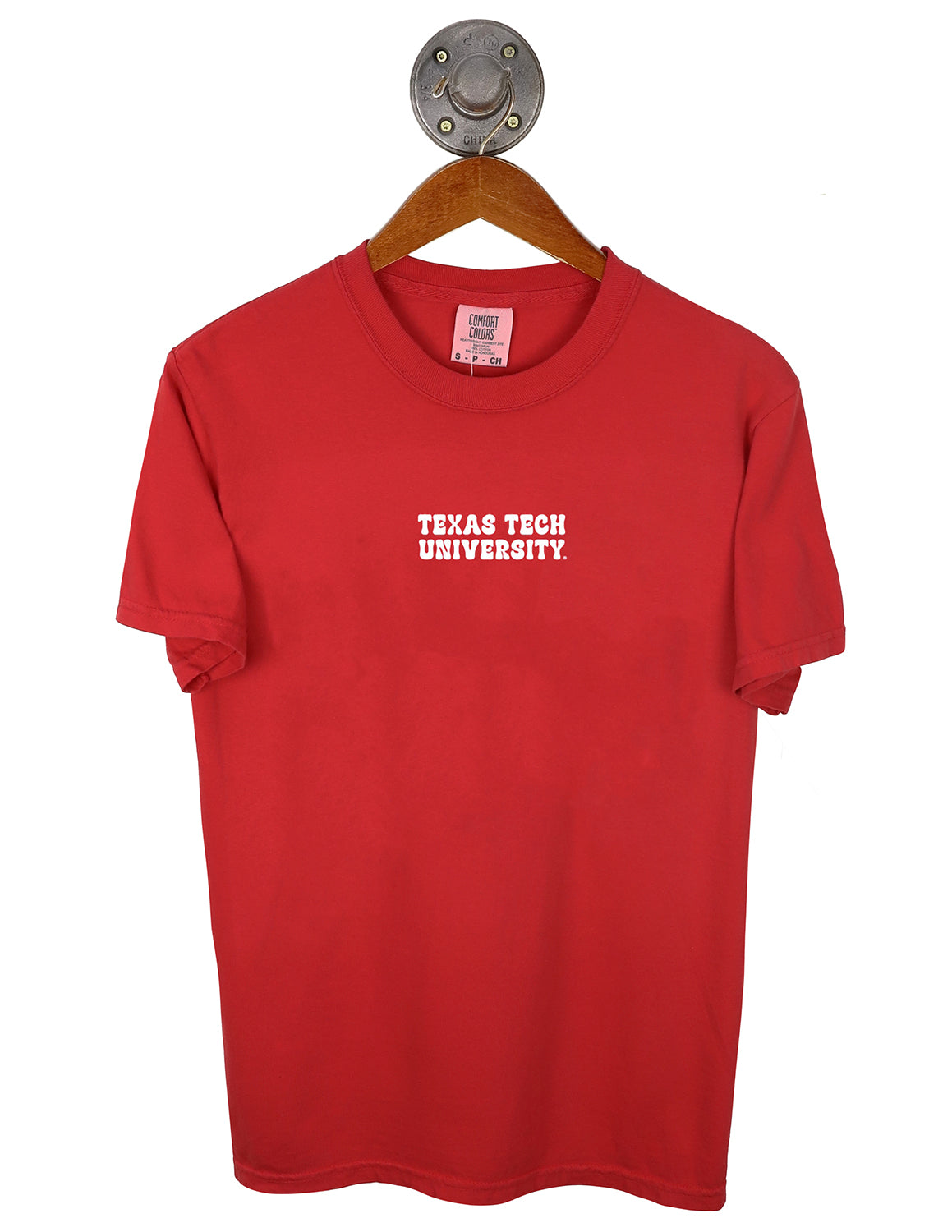 Red Texas Tech University unisex Comfort Colors short-sleeve t-shirt that features small "Texas Tech University" white text in the center chest.