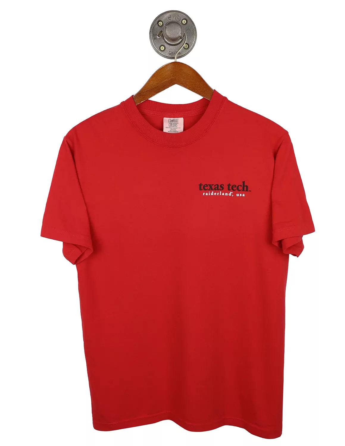 Red Texas Tech University Comfort Colors unisex t-shirt with black and white lettering on the left chest.