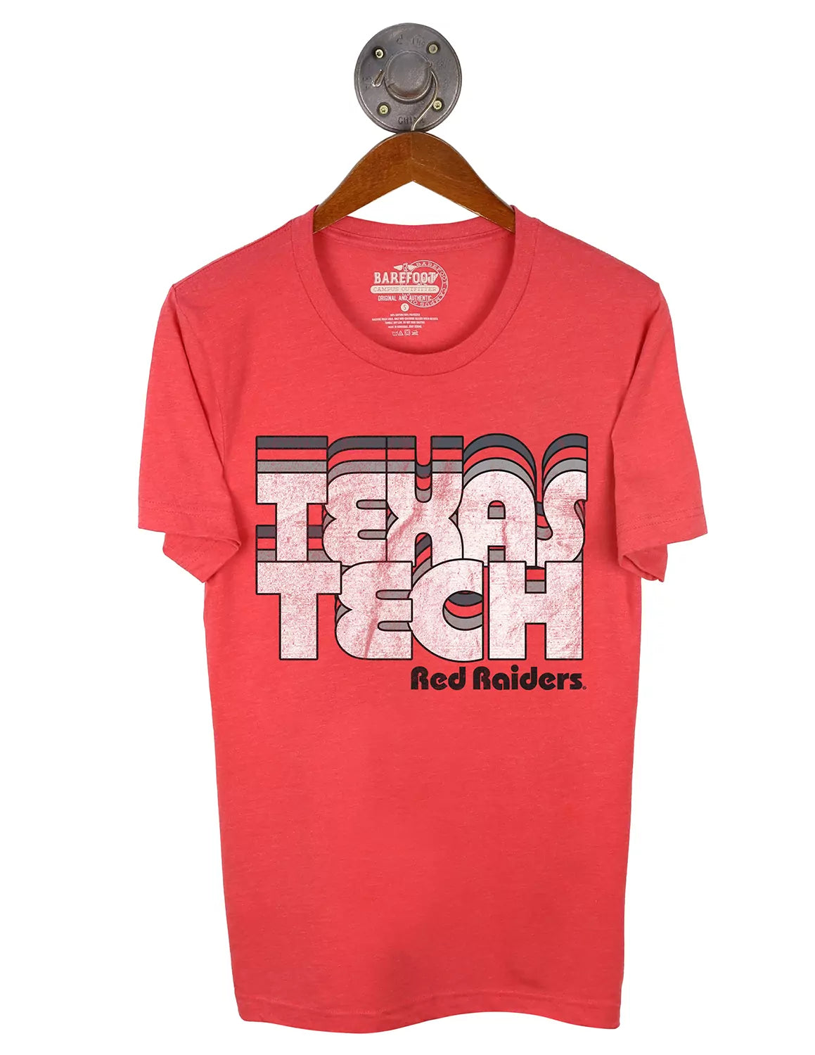 Heather red Texas Tech University unisex t-shirt featuring a stacked 'Texas Tech' text with red,grey, and black lettering.
