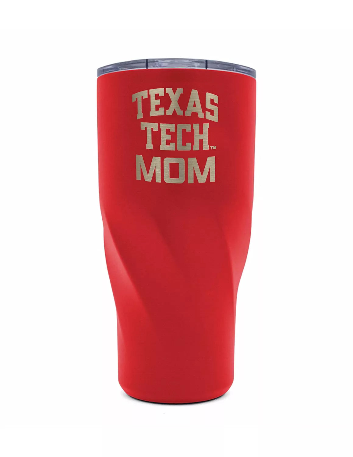 Red Texas Tech University tumbler that features an engraved "Texas Tech Mom" text.