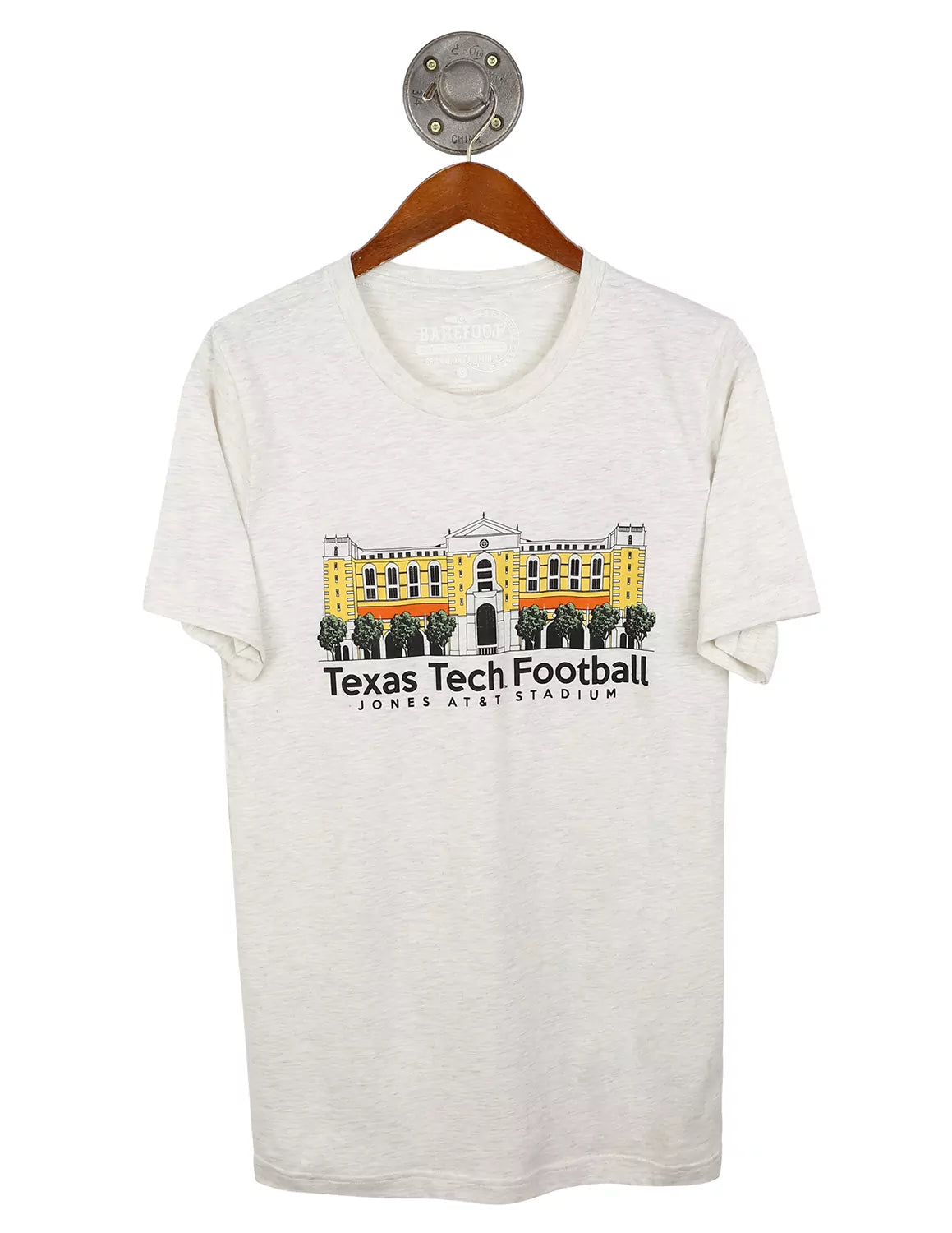 Heather white unisex Texas Tech University t-shirt featuring the Jones AT&T Stadium.