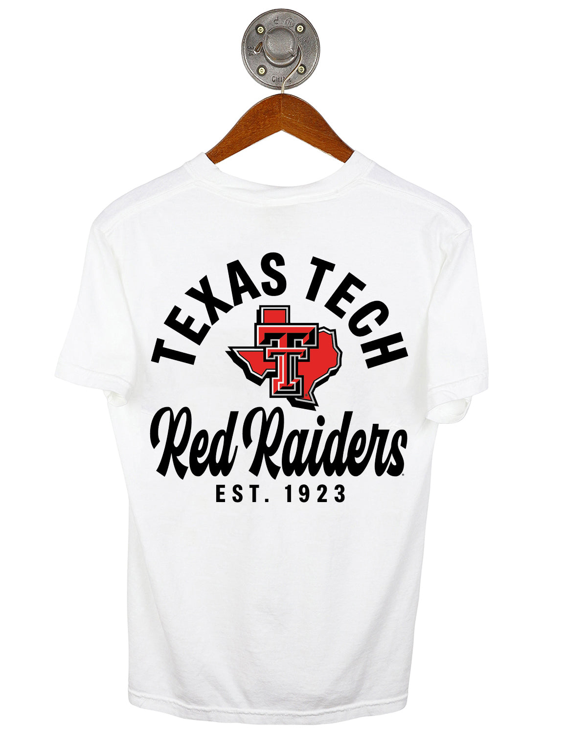 Back-view of white Texas Tech University unisex Comfort Colors t-shirt that features a Texas Tech logo in the center with black lettering.