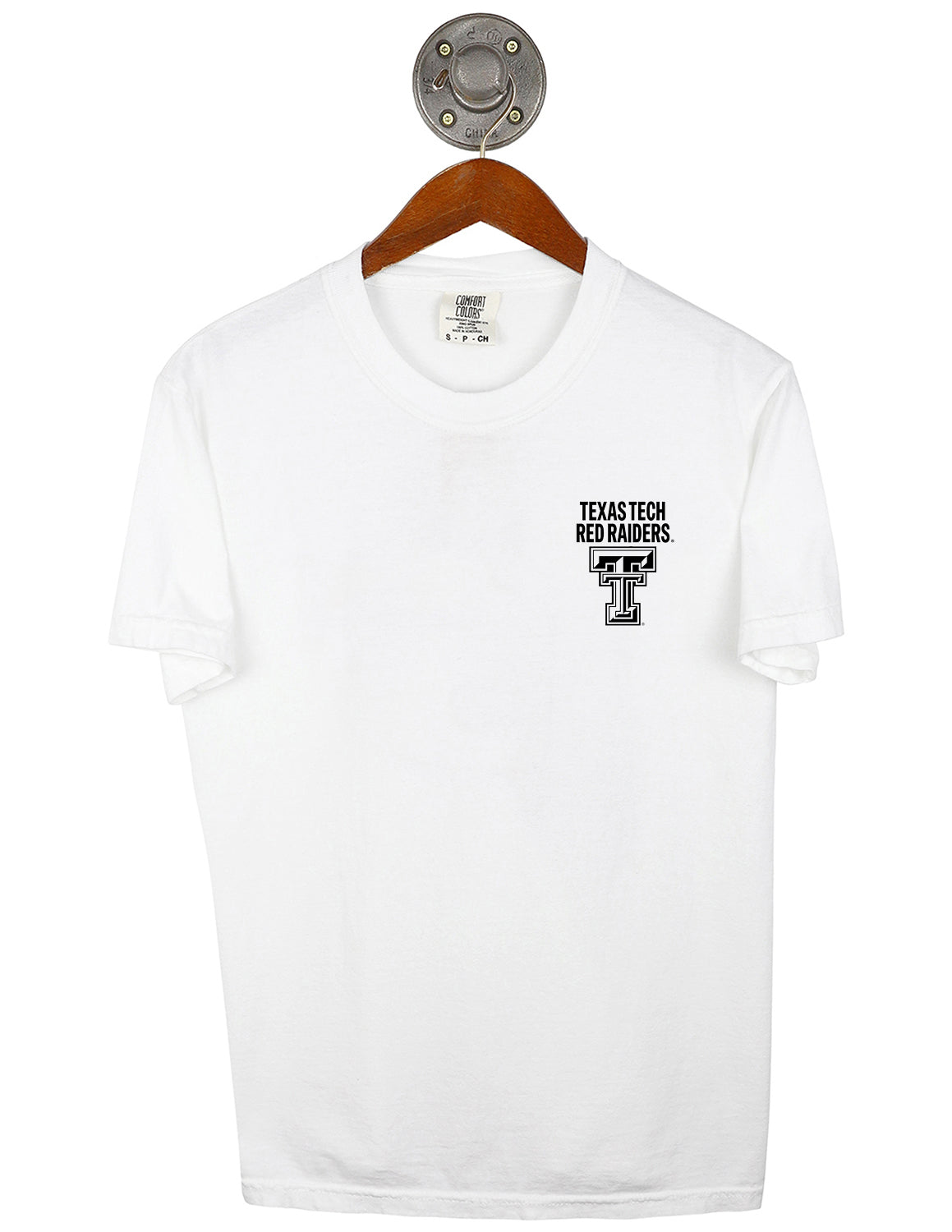 White Texas Tech University unisex Comfort Colors t-shirt that features a left chest design with black lettering and a black Texas Tech logo underneath.