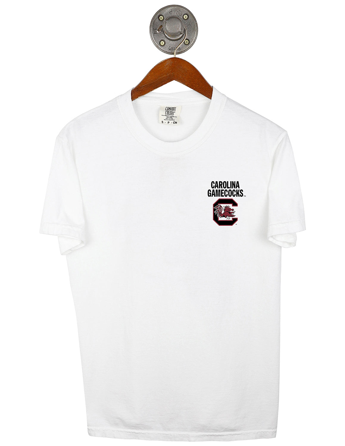 Front-view of white University of South Carolina unisex t-shirt that features a left chest design of a USC logo and "Carolina Gamecocks" text in black.