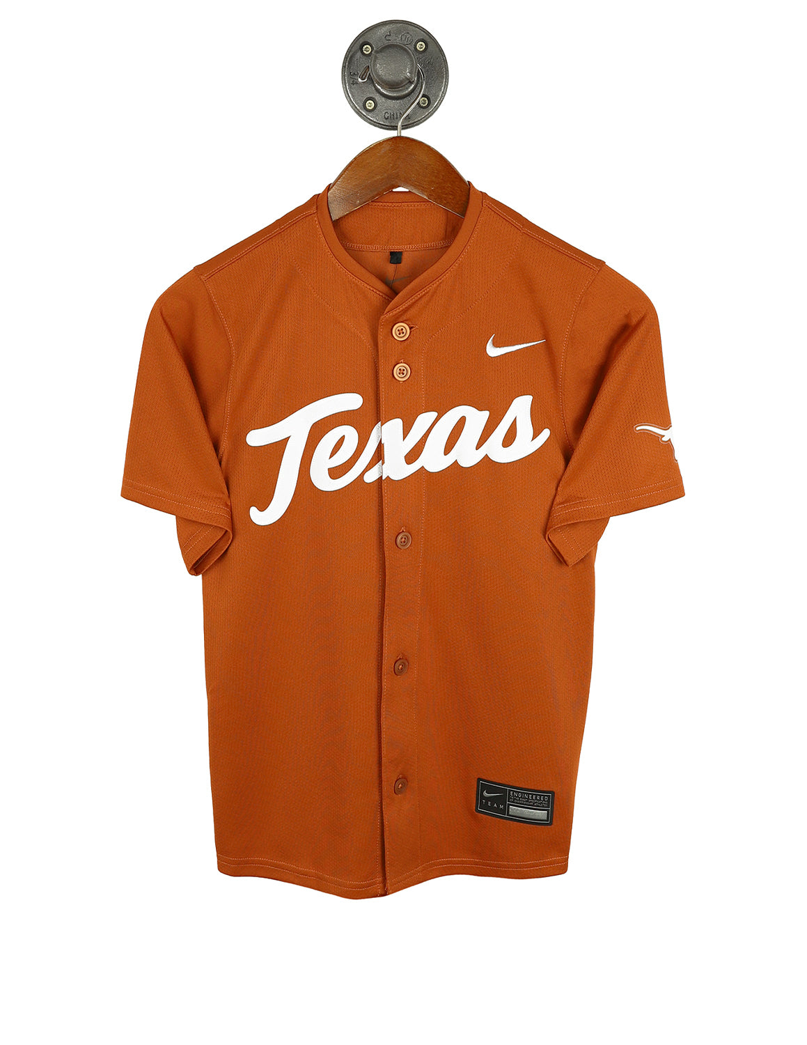 Texas orange University of Texas at Austin youth Nike baseball jersey that features a full button front with white script lettering across the chest and a Longhorns logo on the sleeve.