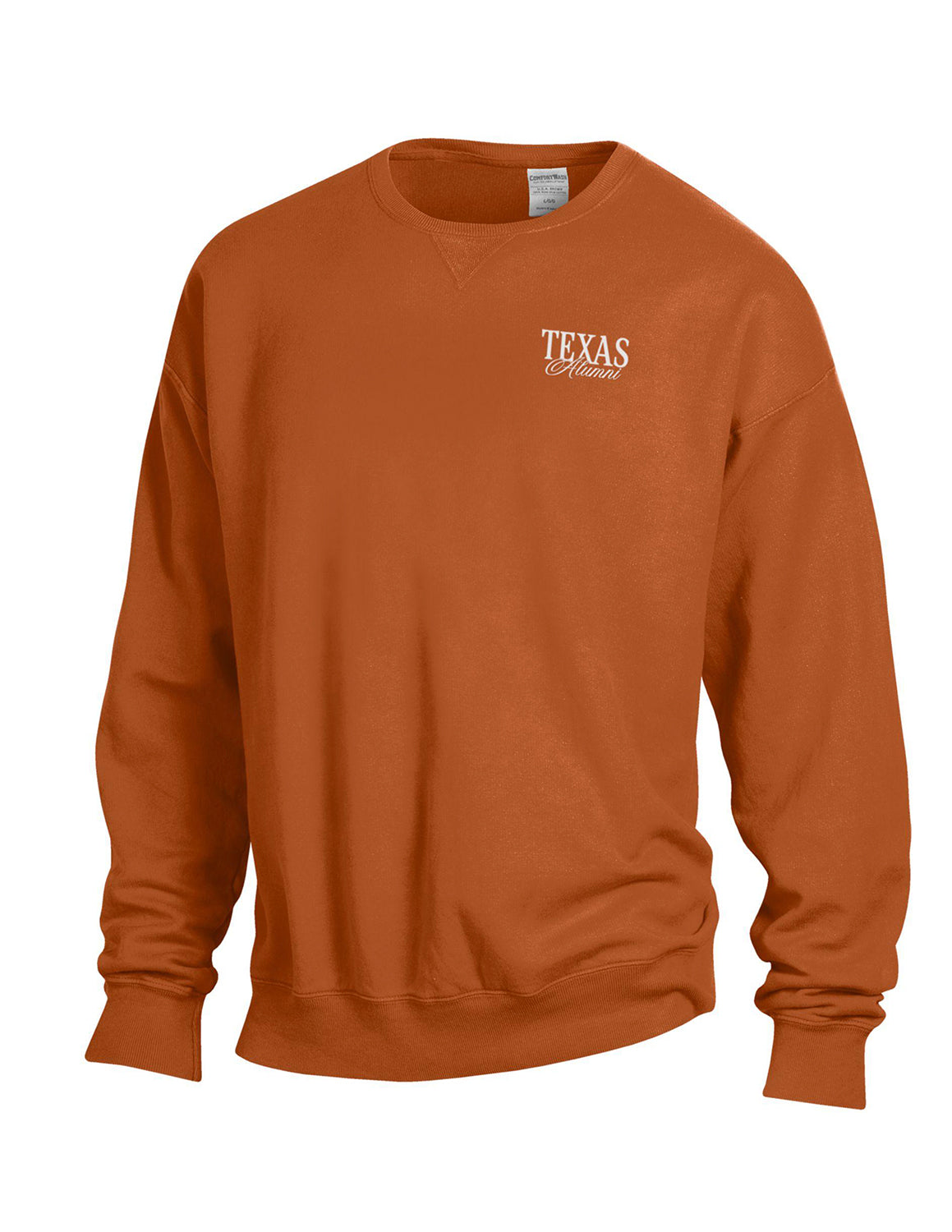 Texas orange University of Texas unisex crewneck sweatshirt featuring "Texas Alumni" white text on a left chest design.