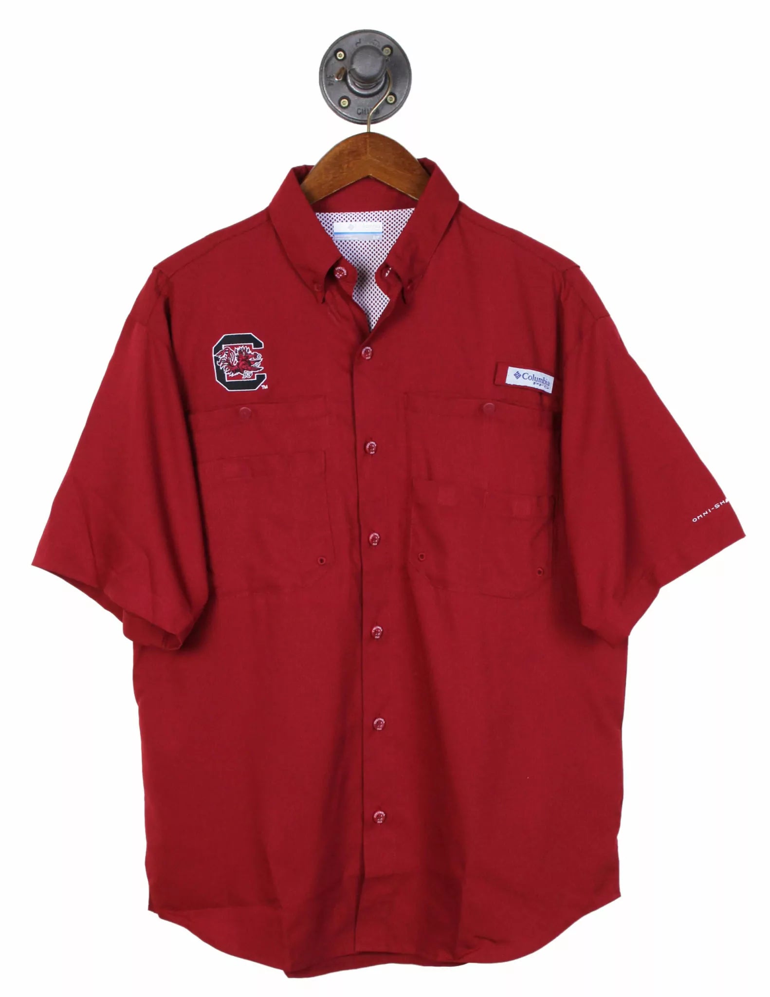 Garnet University of South Carolina Columbia Tamiami shirt featuring a Gamecocks logo on the right chest and a mesh back.