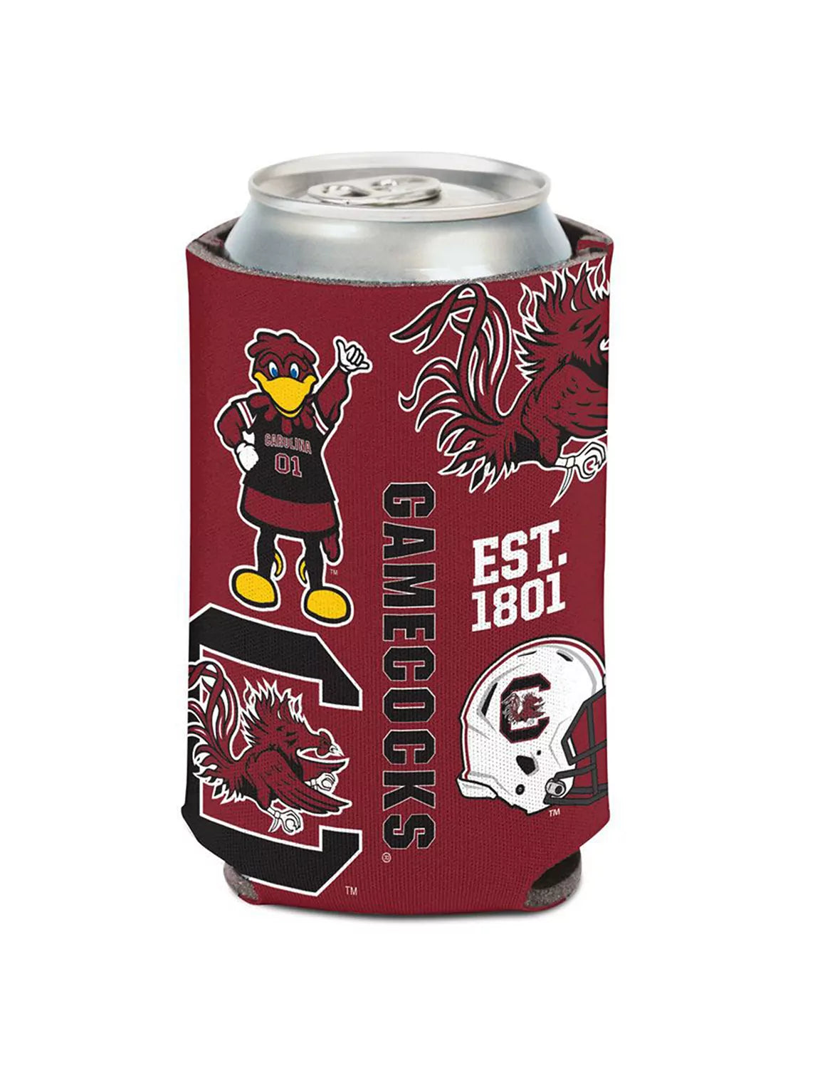 Garnet University of South Carolina double-sided can koozie that features various USC logos.