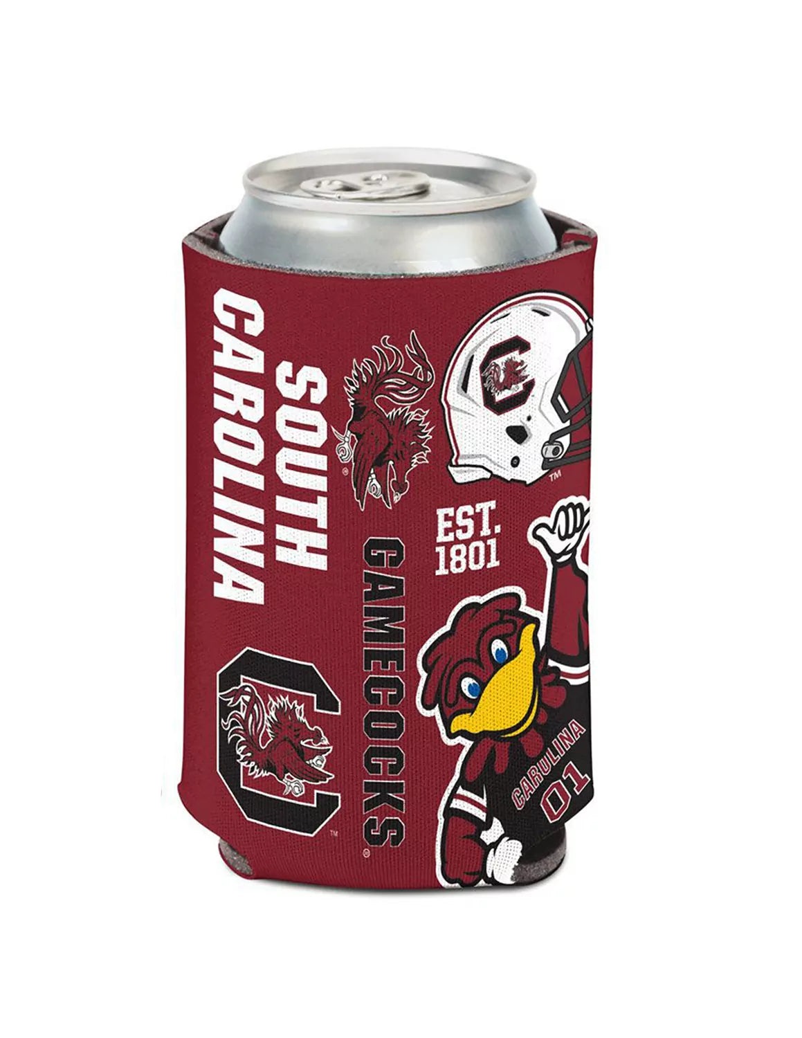Garnet University of South Carolina double-sided can koozie that features various USC logos.