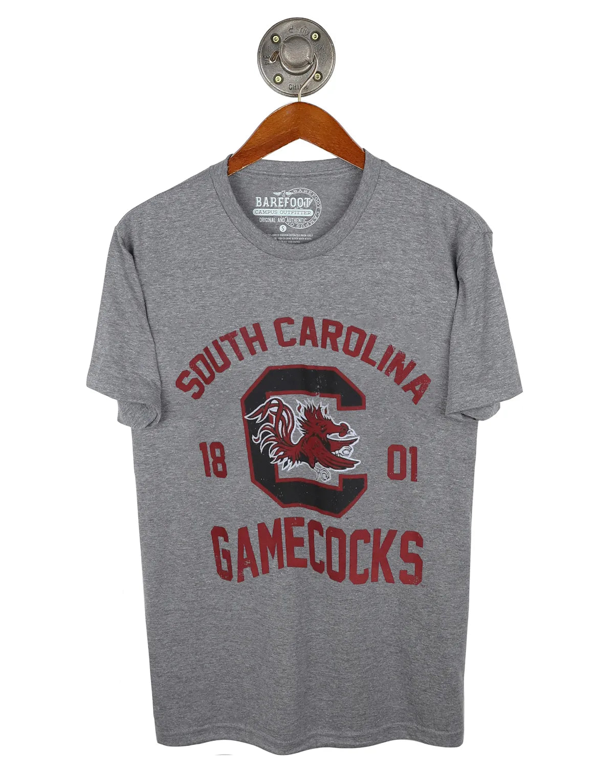 Heather grey unisex University of South Carolina t-shirt featuring a Gamecocks logo in the middle with garnet lettering.