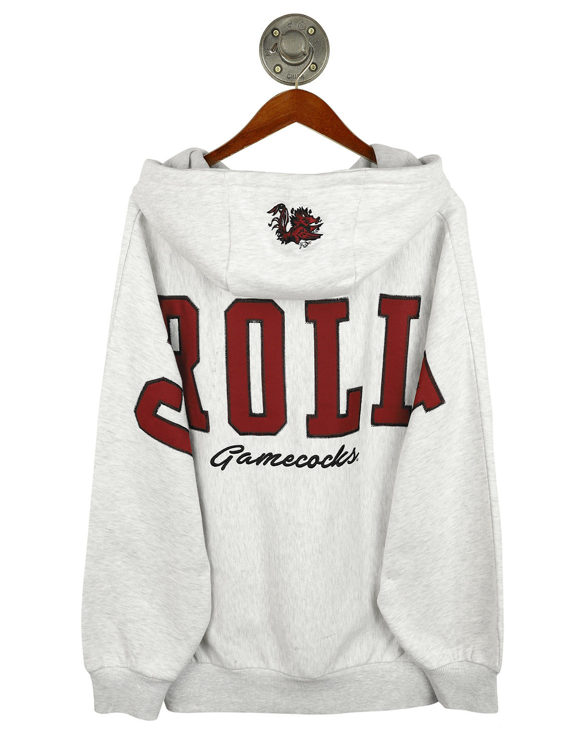 Heather grey University of South Carolina unisex hoodie that features "Carolina" lettering across the back with a Gamecocks logo on the hood.