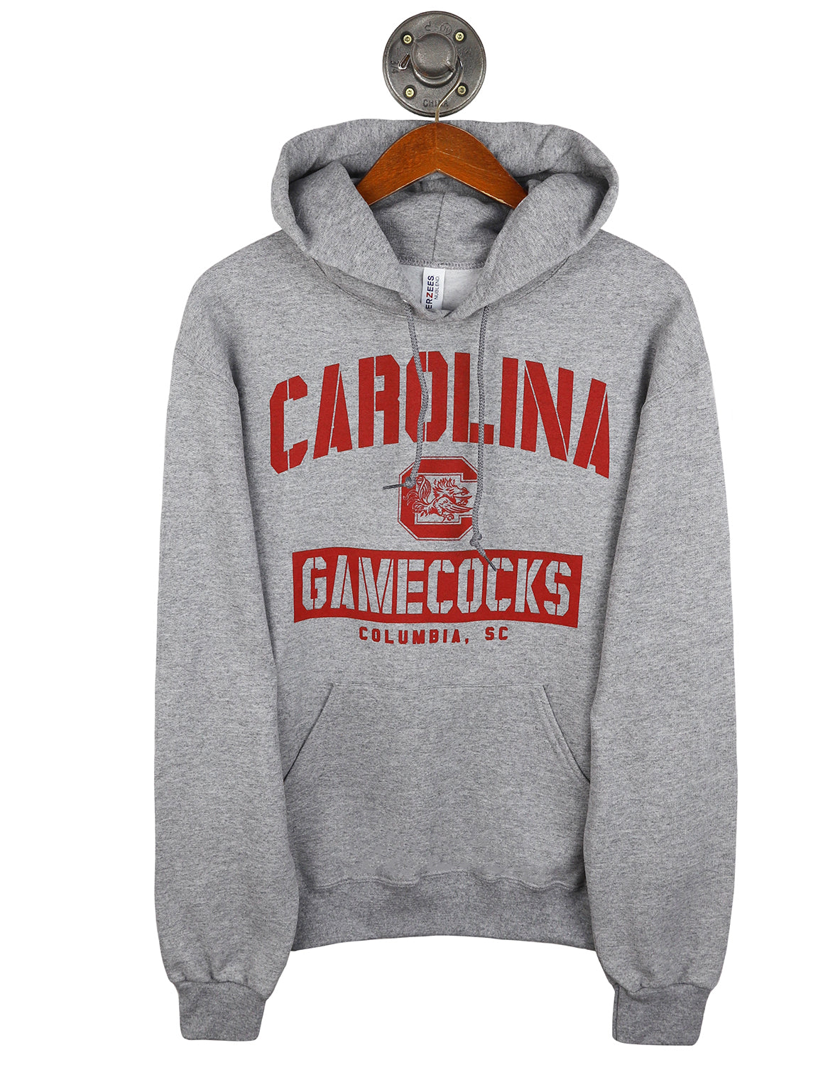 Heather grey University of South Carolina unisex hoodie that features a USC logo in the middle with red lettering.