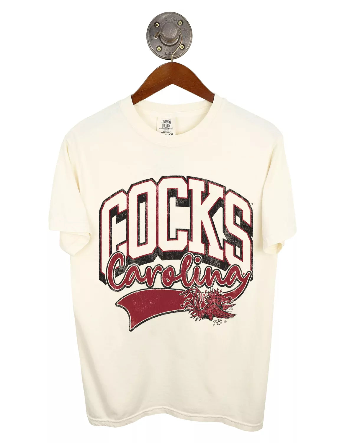 Ivory University of South Carolina Comfort Colors unisex t-shirt featuring a Gamecocks logo with garnet and black lettering.