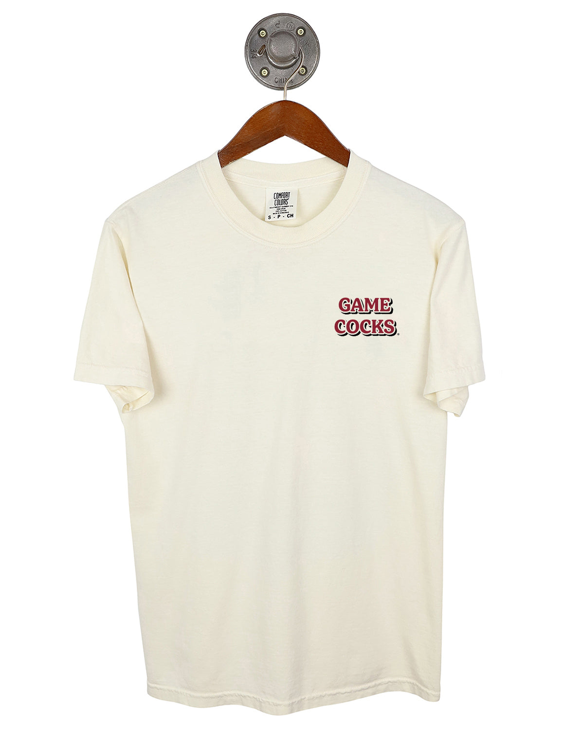 Ivory University of South Carolina unisex short-sleeve t-shirt that features a left chest design with garnet and black lettering.