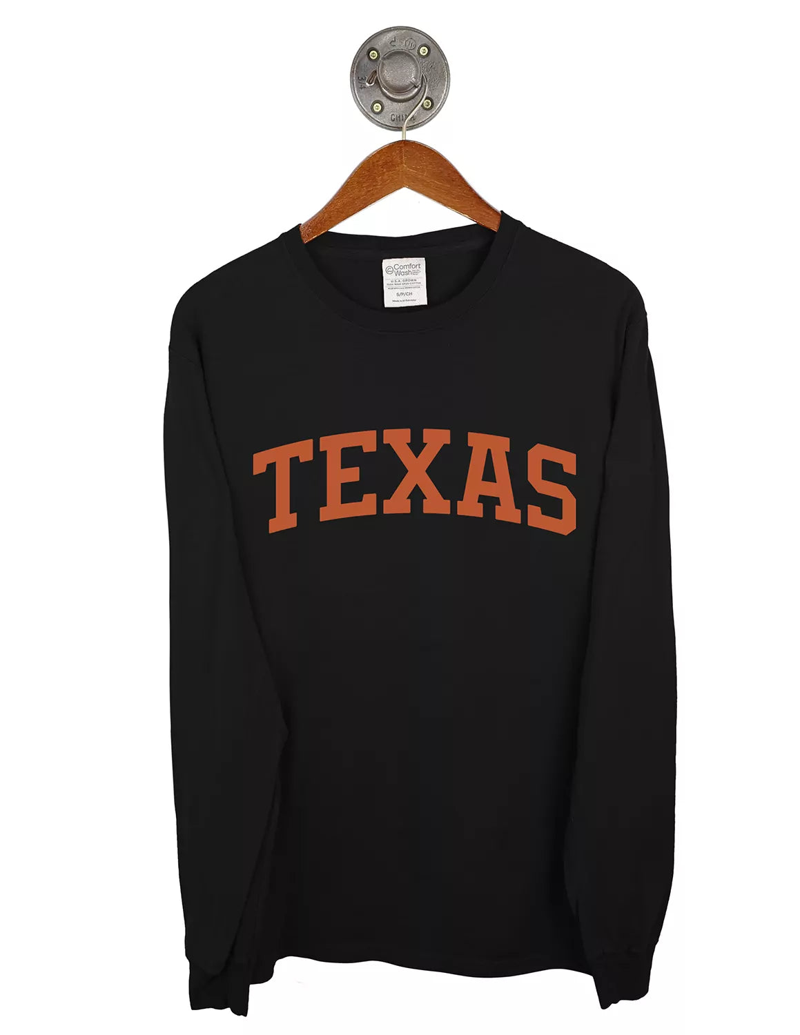 Black unisex University of Texas at Austin long-sleeve t-shirt with orange lettering.