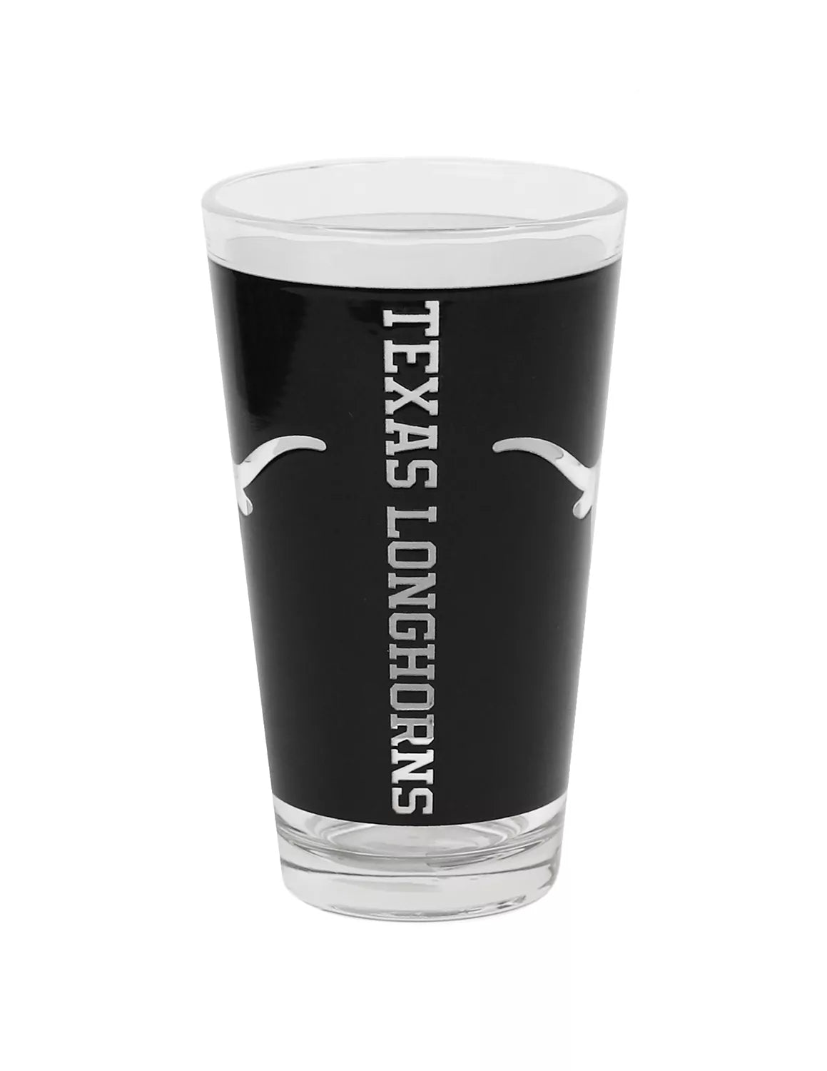 University of Texas at Austin pink glass that features a black longhorn design.