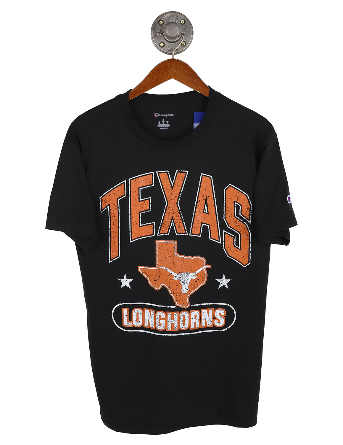 Black University of Texas at Austin short-sleeve unisex Champion t-shirt that features a Longhorns logo with burnt orange and white lettering.