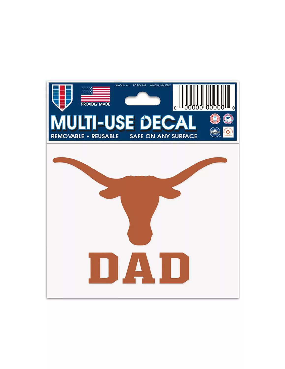 Burnt orange University of Texas at Austin decal that features a Longhorn logo and "dad" text.