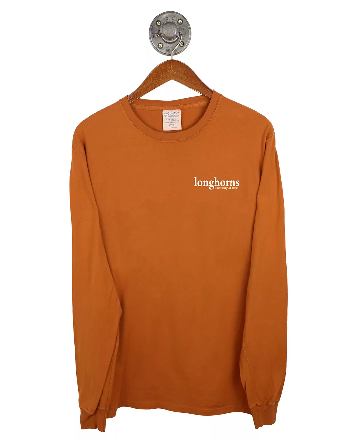 Burnt orange University of Texas at Austin unisex long-sleeve t-shirt featuring a left chest front design with white lettering.