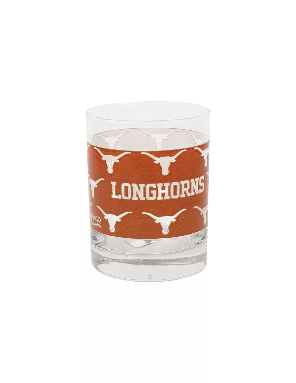 Clear University of Texas at Austin rocked glass that features a burnt orange Longhorn print wrapping around.