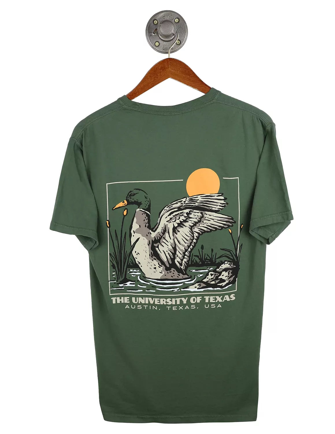 Forest green unisex University of Texas at Austin t-shirt that features a graphic of a mallard duck in water with a sun background with white lettering.