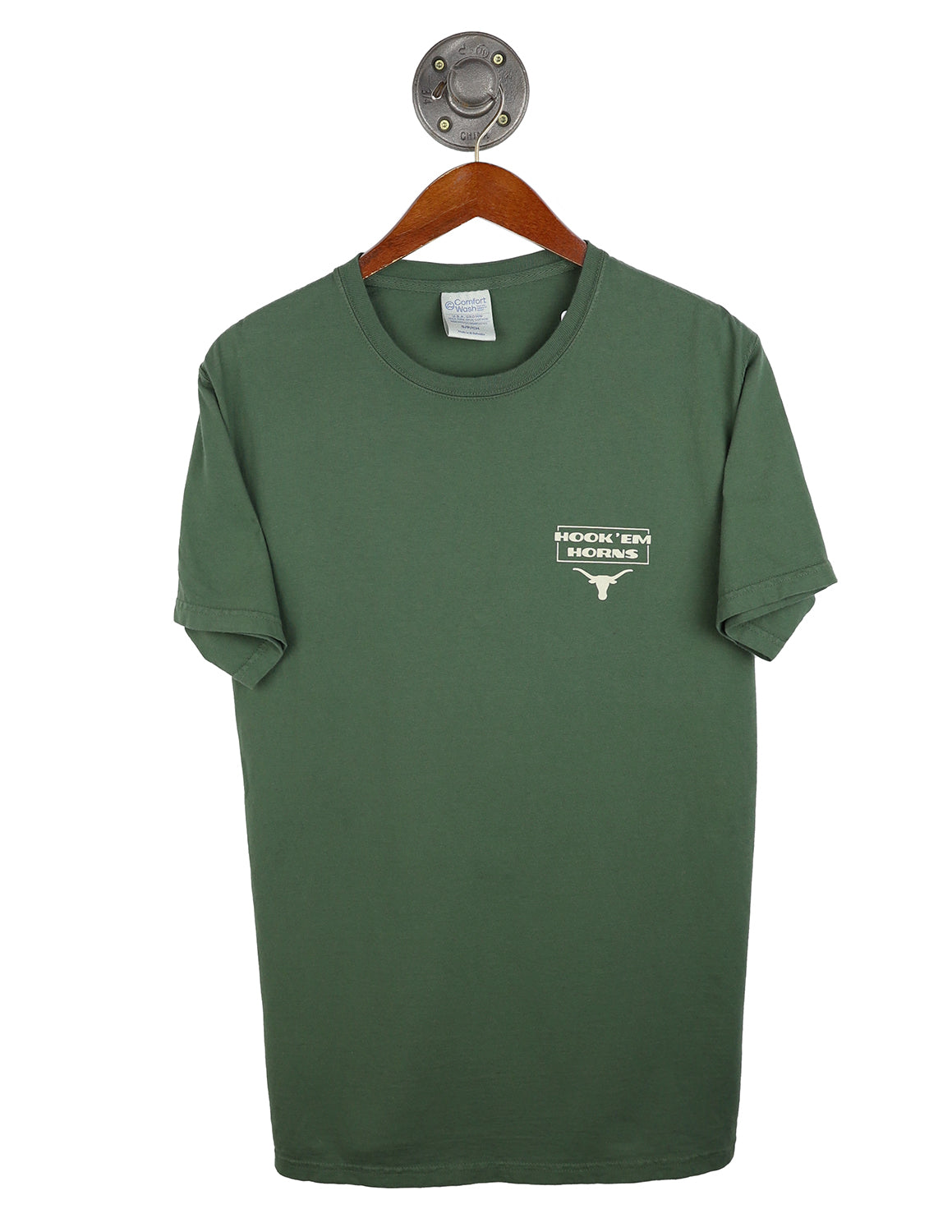 Forest green unisex University of Texas at Austin t-shirt that features a left chest design with white lettering and a Longhorns logo.