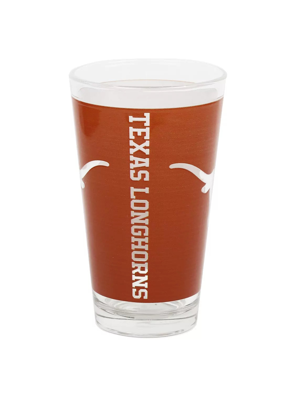 University of Texas at Austin pint glass that features a burnt orange longhorn design around.