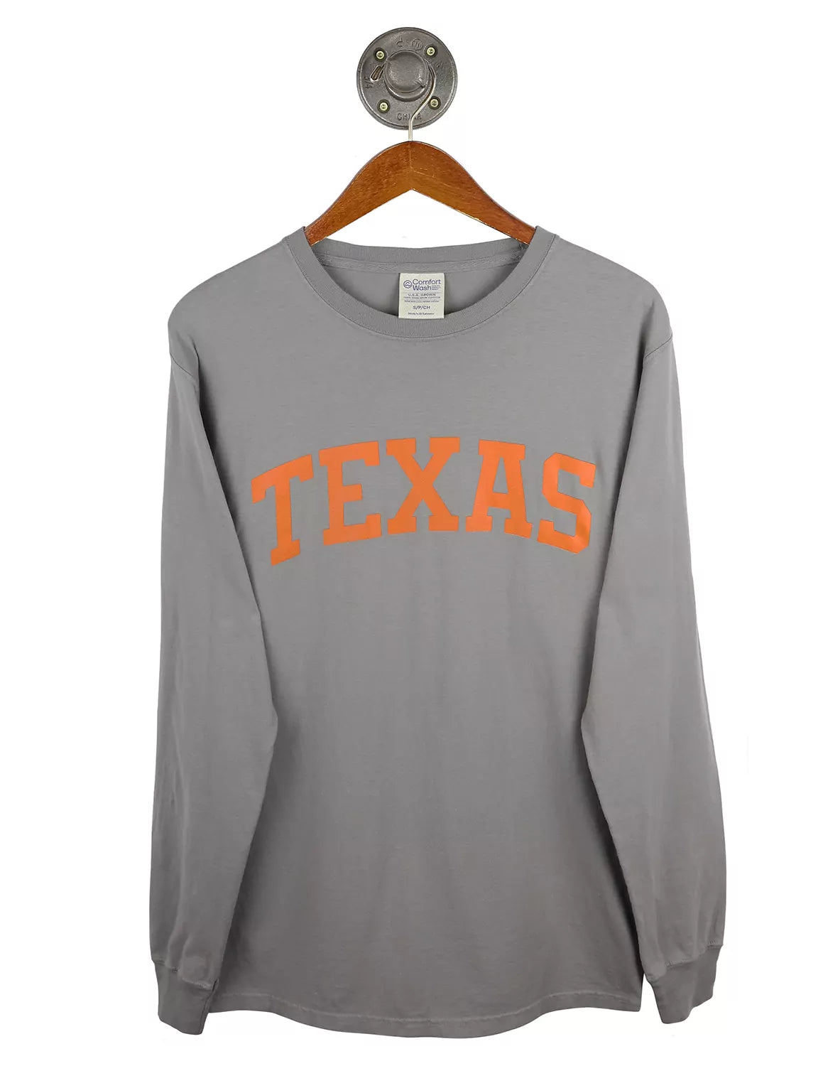 Grey unisex University of Texas at Austin long-sleeve t-shirt with orange lettering.