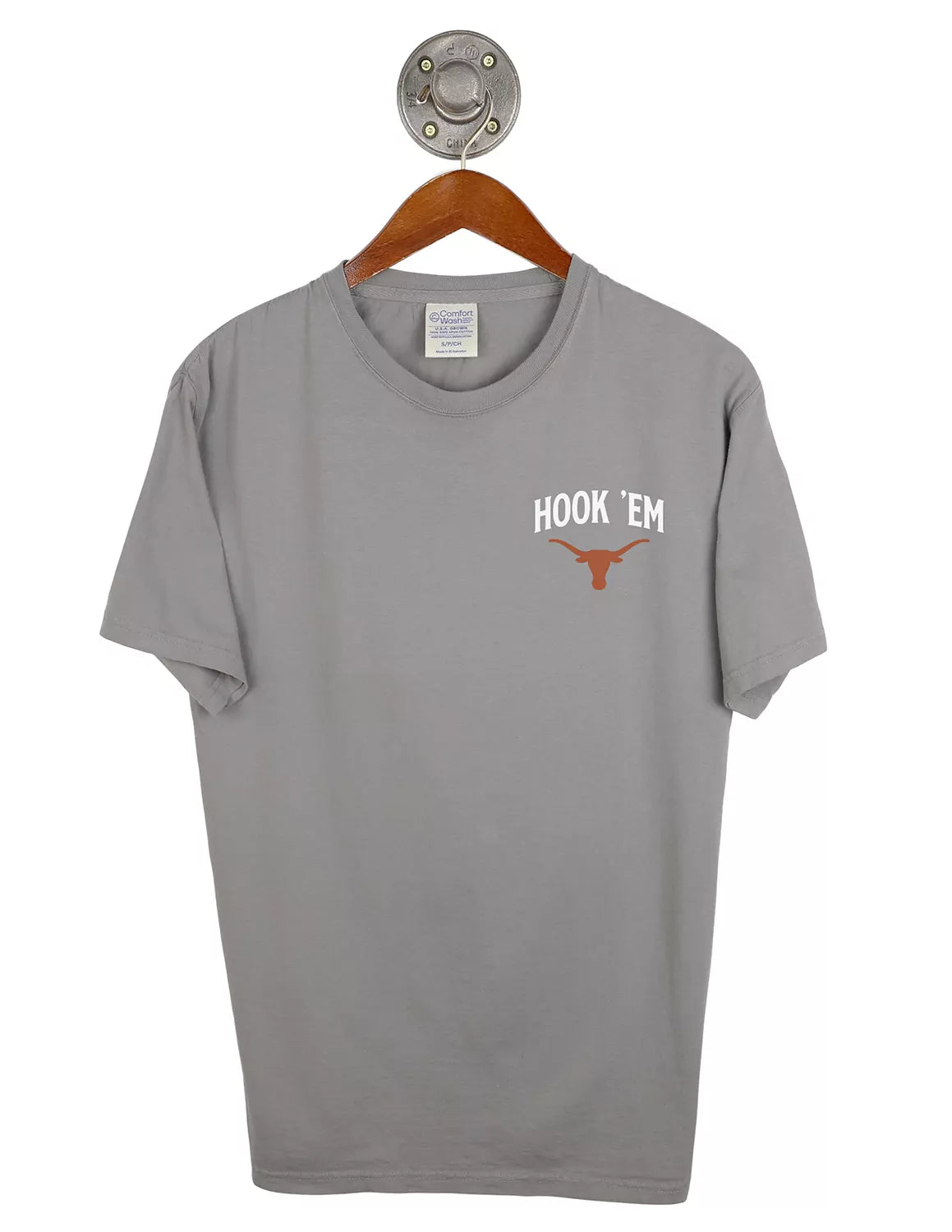 Grey University of Texas at Austin unisex t-shirt that features a left chest design with a Longhorns logo and white text above.