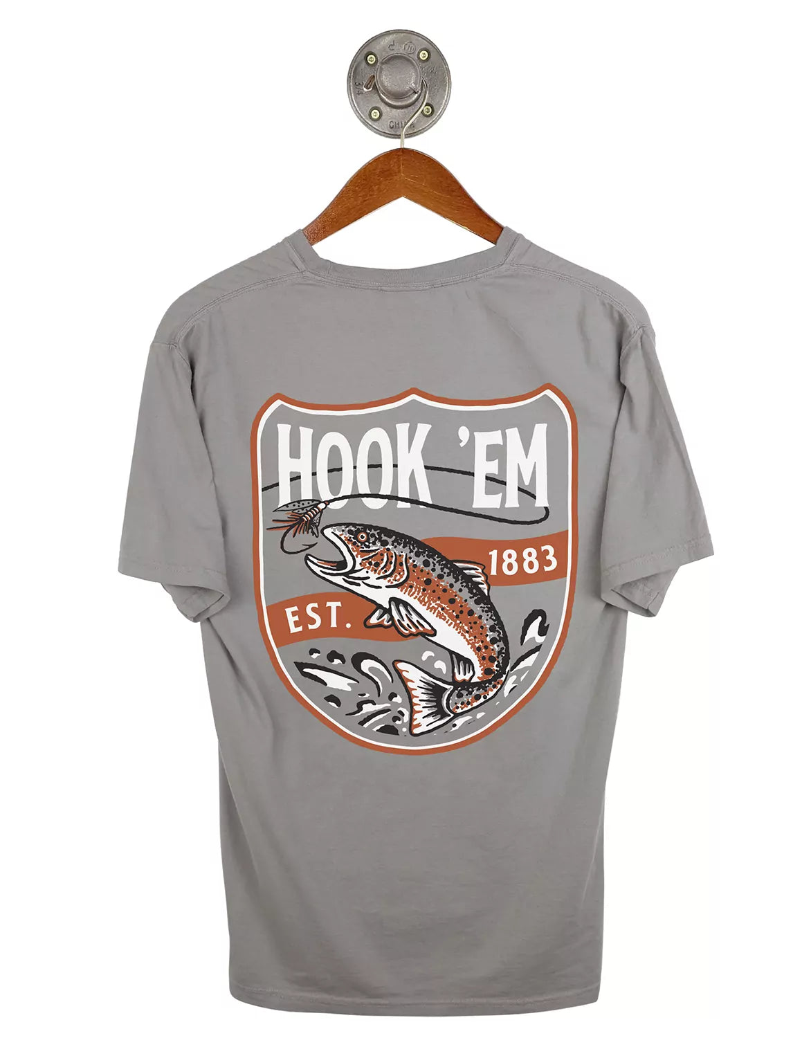 Grey University of Texas at Austin unisex t-shirt that features a fish graphic with white lettering on the back.