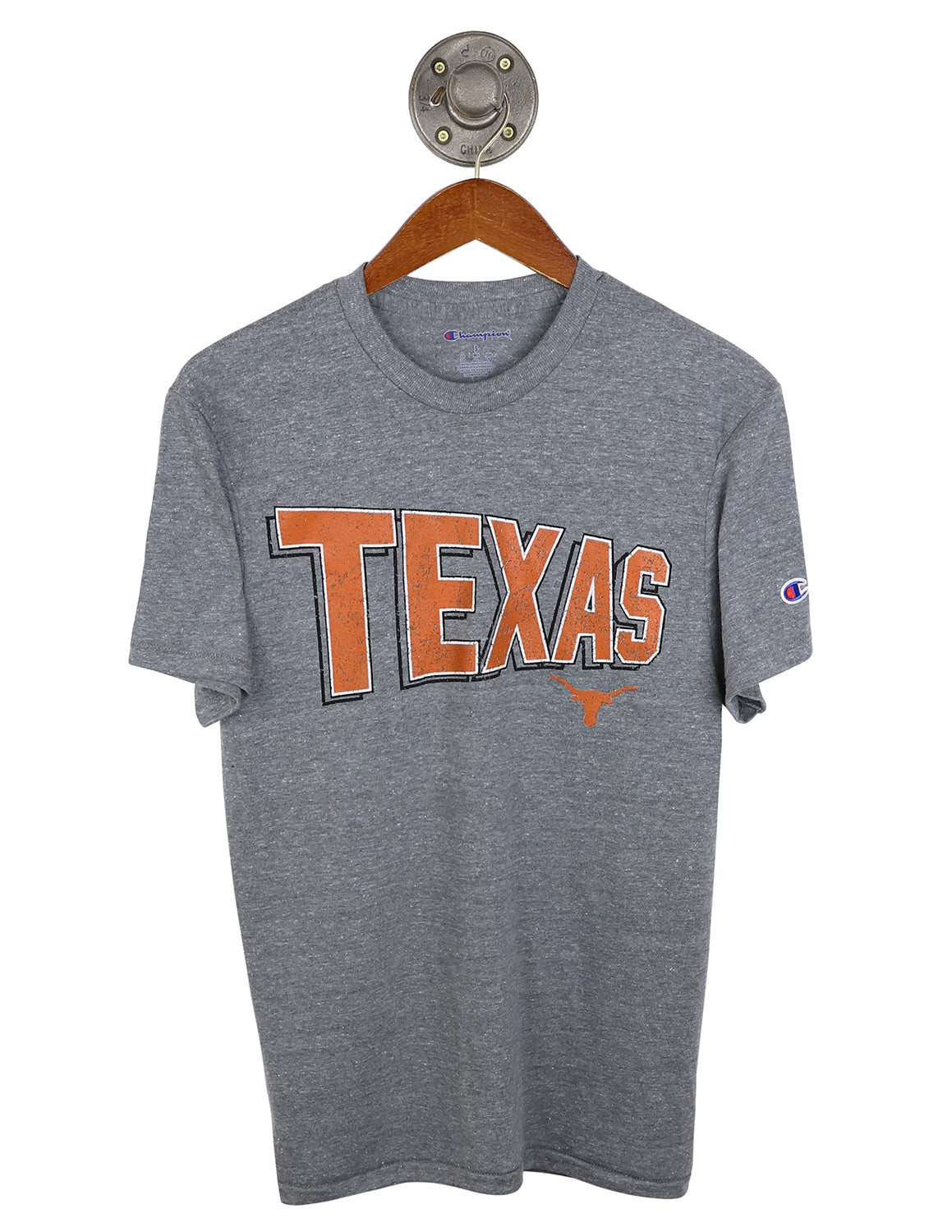 Heather grey unisex University of Texas at Austin t-shirt with burnt orange and black lettering and Longhorn logo underneath.