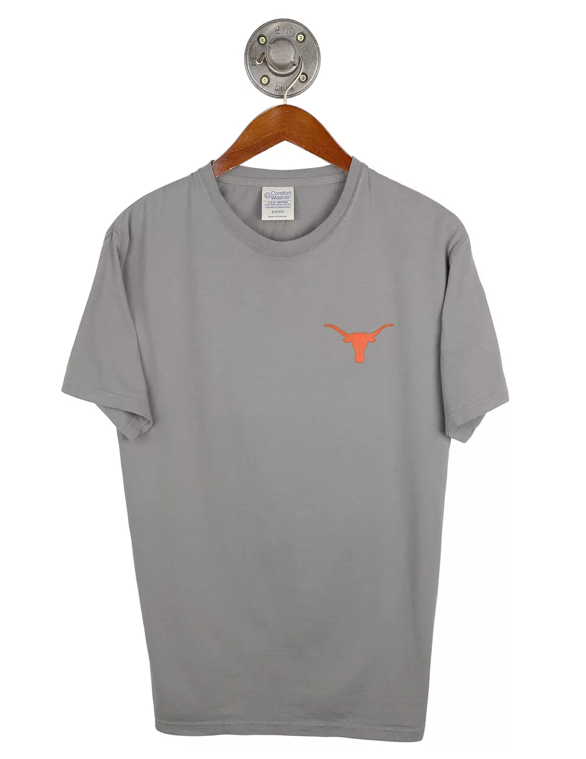 Grey University of Texas at Austin unisex t-shirt with a left chest Longhorn logo on the front.