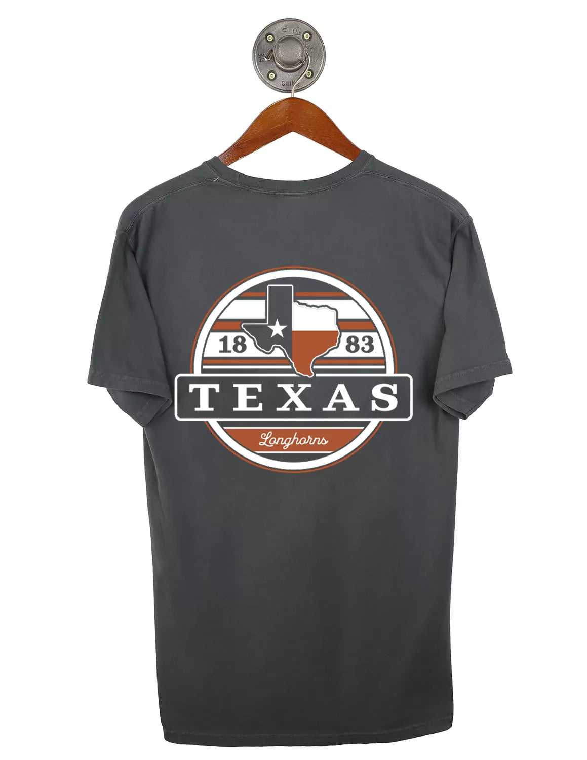 Grey University of Texas at Austin unisex t-shirt with a Texas state graphic and white lettering on the back.