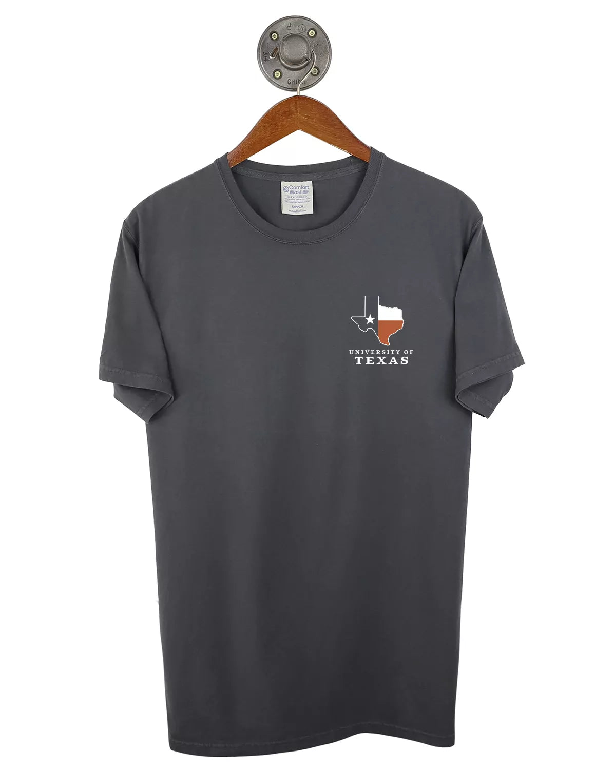 Grey University of Texas at Austin unisex t-shirt with a left chest Texas state design in white and burnt orange.