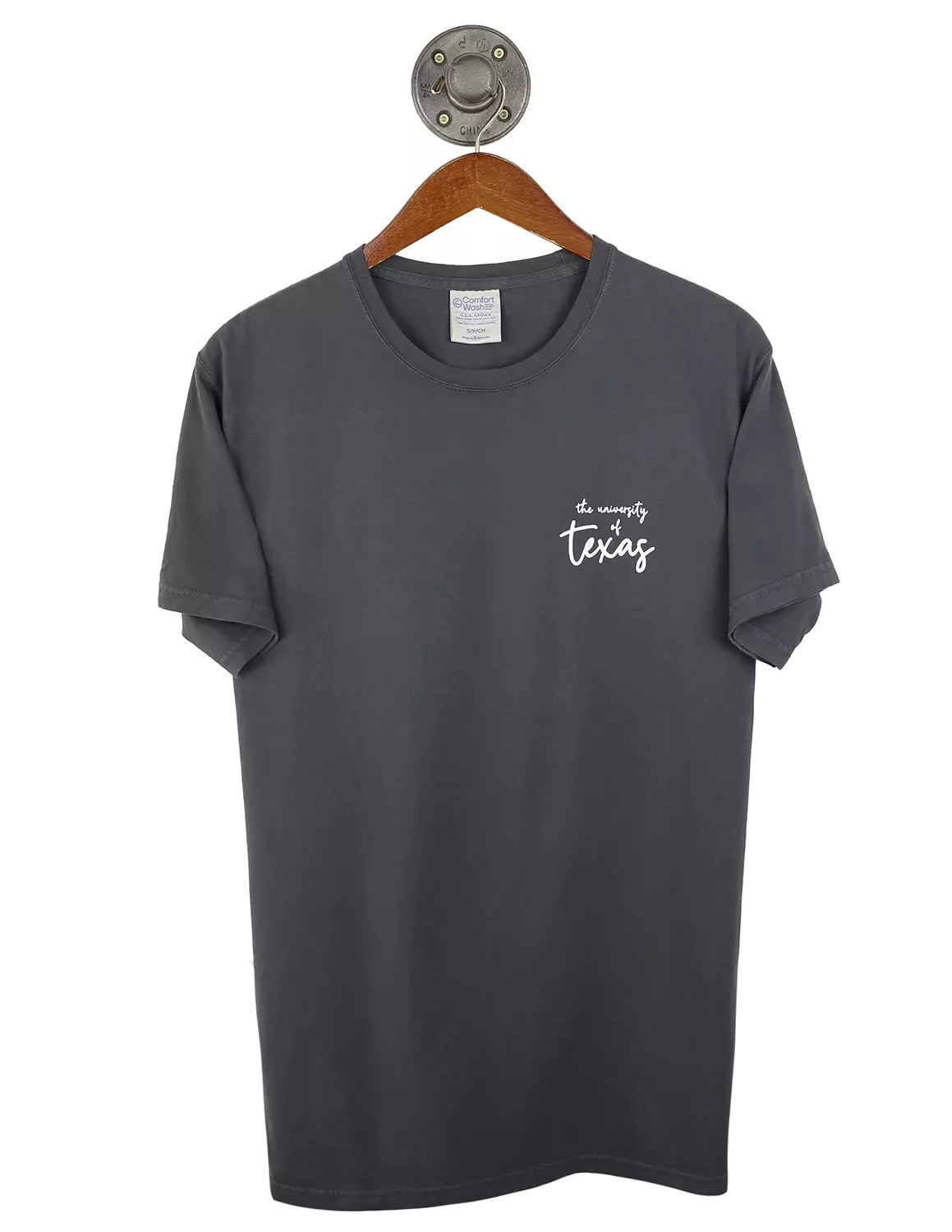 Grey University of Texas at Austin unisex t-shirt with white lettering on the left chest.